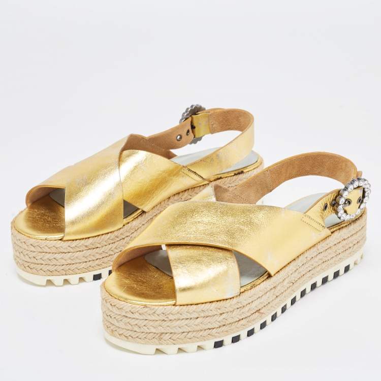 Pre Owned Marc Jacobs Metallic Gold Leather Slingback  Espadrille Sandals Size 36.5