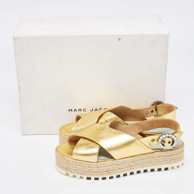 Pre Owned Marc Jacobs Metallic Gold Leather Slingback  Espadrille Sandals Size 36.5