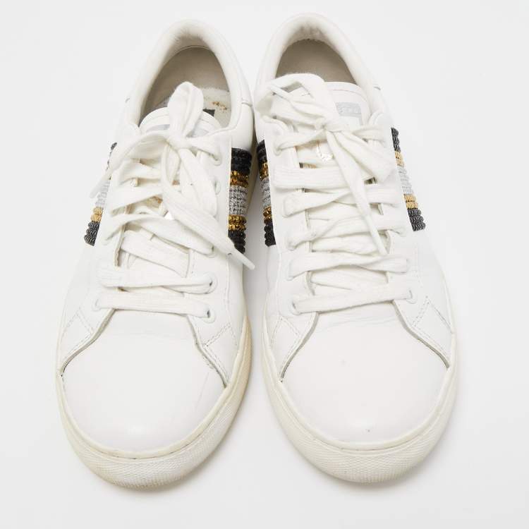 Pre Owned Marc Jacobs White Leather Crystal Embellished Empire Sneakers Size 39