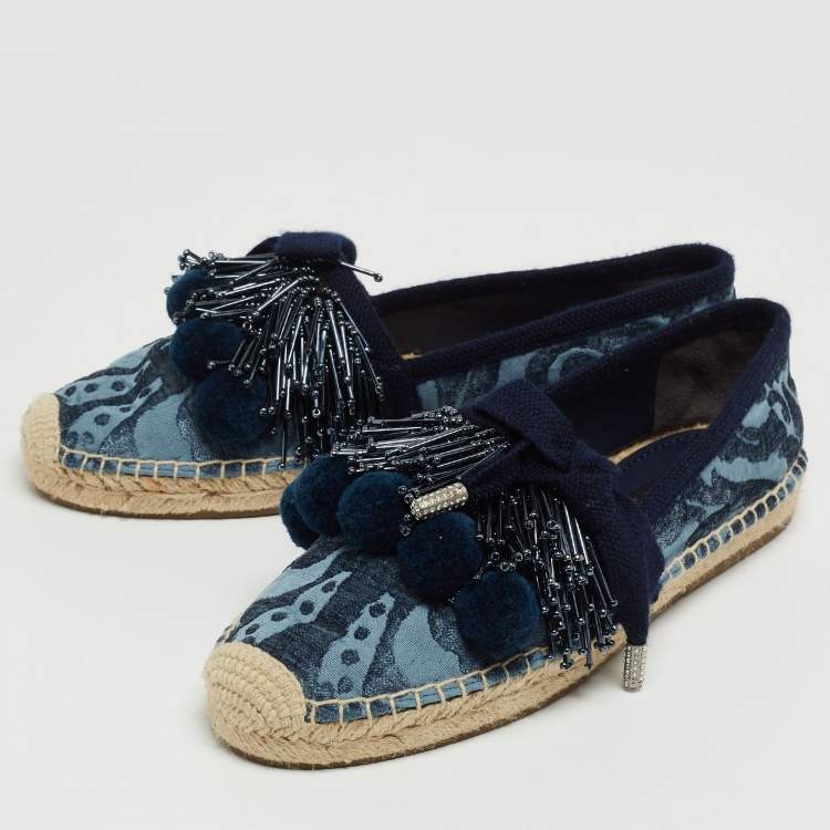 Pre Owned Marc Jacobs Blue Fabric Sienna Pom Pom Espadrille Flats Size 39