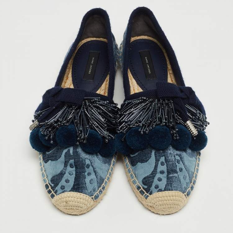 Pre Owned Marc Jacobs Blue Fabric Sienna Pom Pom Espadrille Flats Size 39