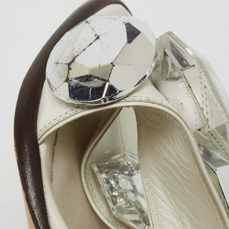 Pre Owned Marc by Marc Jacobs White Leather Crystal Embellished Slingback Sandals Size 37.5