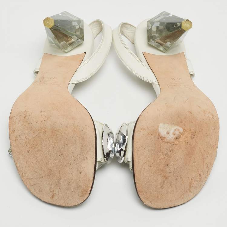 Pre Owned Marc by Marc Jacobs White Leather Crystal Embellished Slingback Sandals Size 37.5