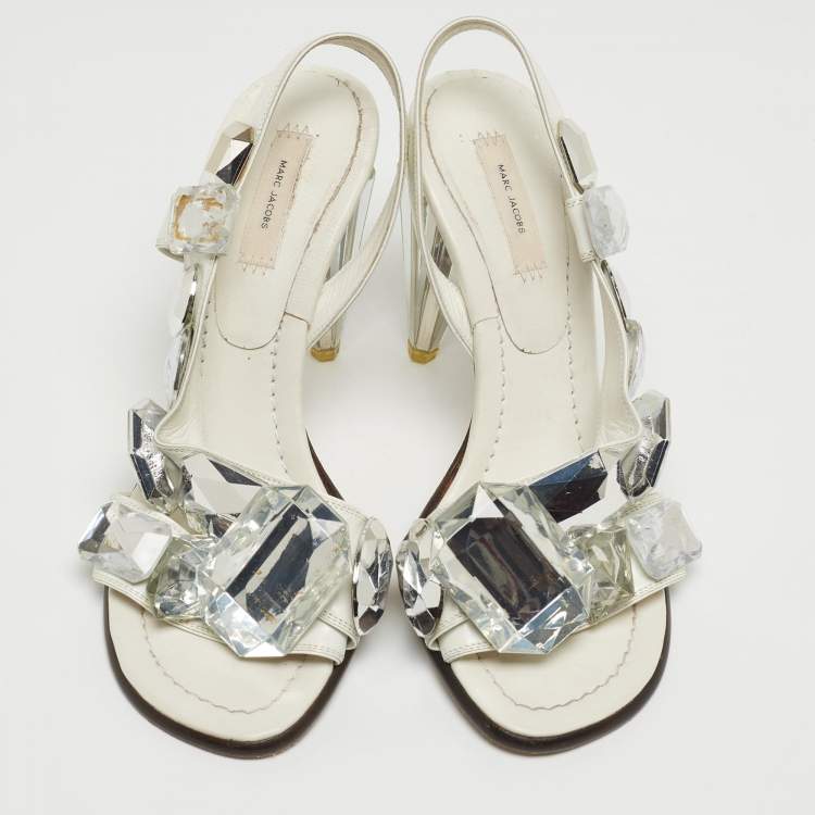 Pre Owned Marc by Marc Jacobs White Leather Crystal Embellished Slingback Sandals Size 37.5