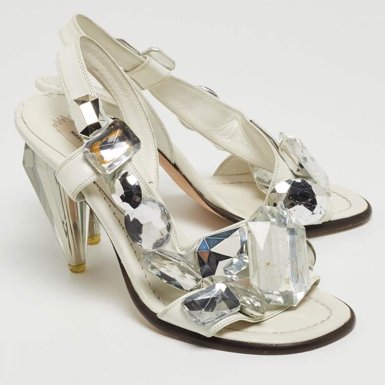 Pre Owned Marc by Marc Jacobs White Leather Crystal Embellished Slingback Sandals Size 37.5