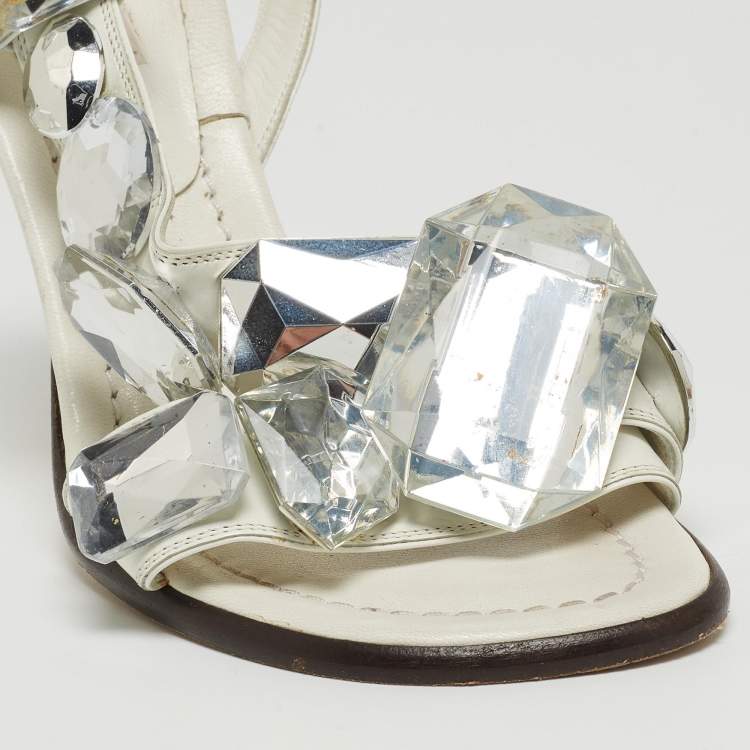 Pre Owned Marc by Marc Jacobs White Leather Crystal Embellished Slingback Sandals Size 37.5