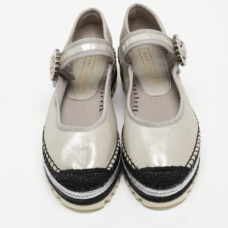 Pre Owned Marc Jacobs Silver Nubuck Leather Suzi Platform Espadrilles Size 37