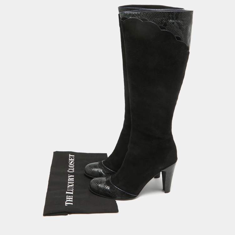Pre Owned Marc Jacobs Black Python Embossed Leather and Suede Knee High Boots Size 39.5