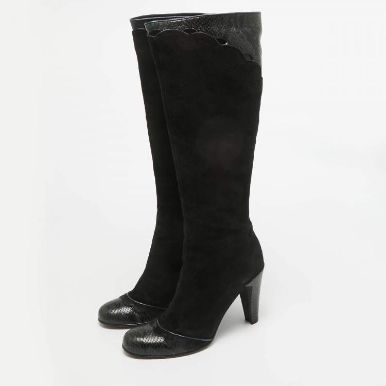 Pre Owned Marc Jacobs Black Python Embossed Leather and Suede Knee High Boots Size 39.5