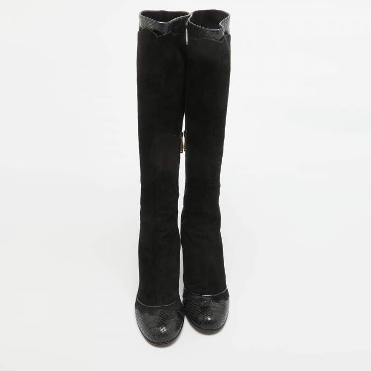 Pre Owned Marc Jacobs Black Python Embossed Leather and Suede Knee High Boots Size 39.5