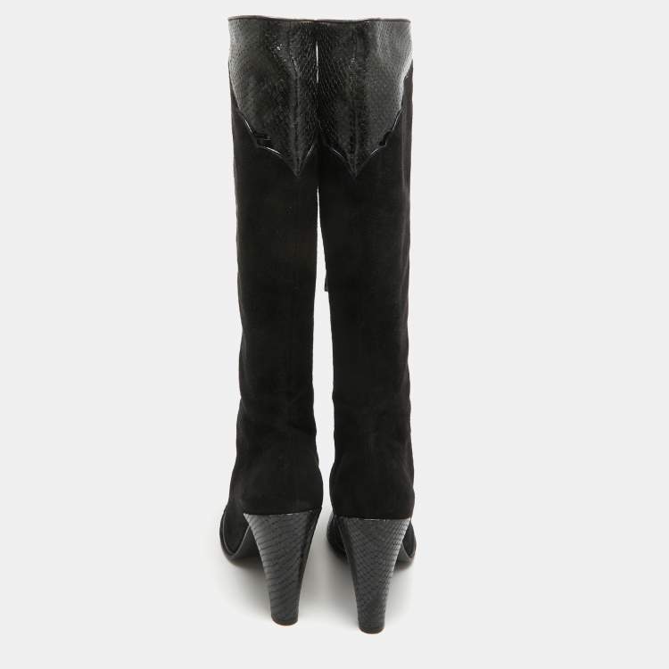 Pre Owned Marc Jacobs Black Python Embossed Leather and Suede Knee High Boots Size 39.5