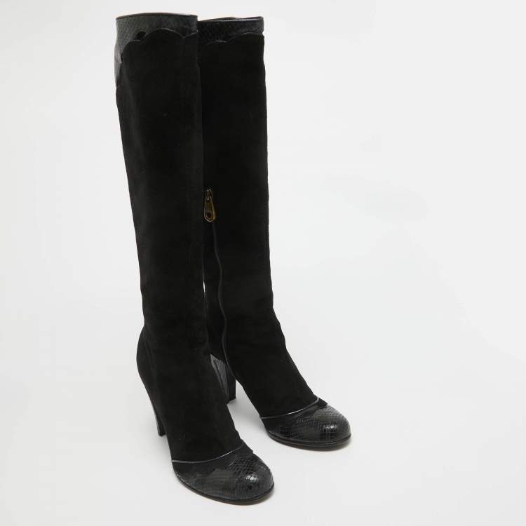 Pre Owned Marc Jacobs Black Python Embossed Leather and Suede Knee High Boots Size 39.5
