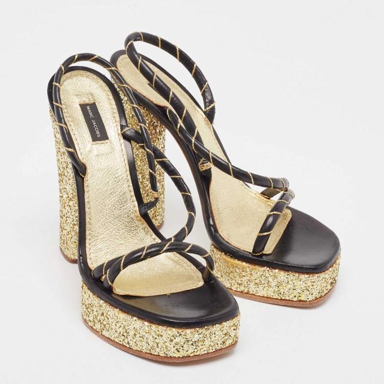 Pre Owned Marc Jacobs Black/Gold Leather Glitter Platform Slingback Sandals Size 36