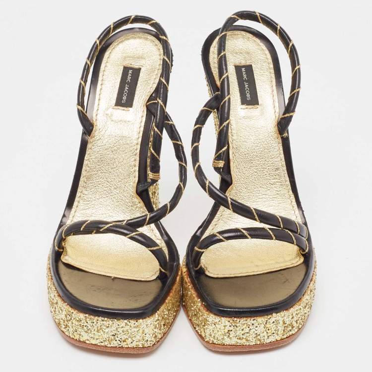 Pre Owned Marc Jacobs Black/Gold Leather Glitter Platform Slingback Sandals Size 36