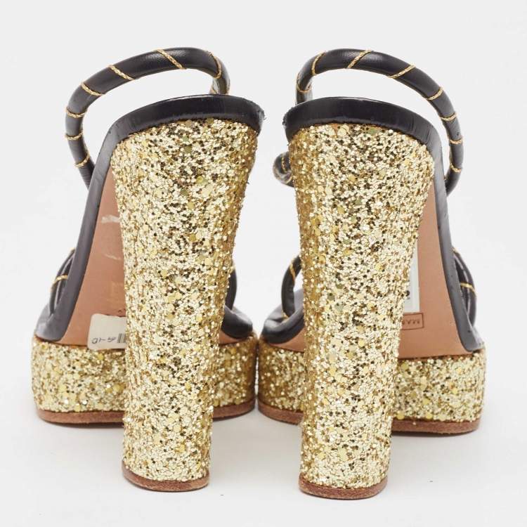 Pre Owned Marc Jacobs Black/Gold Leather Glitter Platform Slingback Sandals Size 36