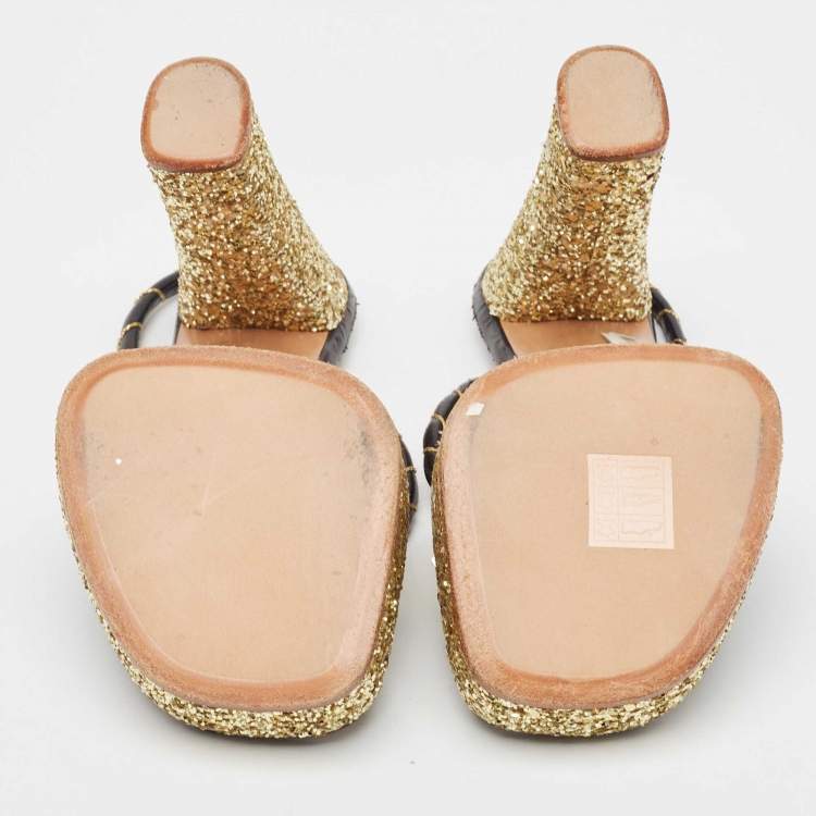 Pre Owned Marc Jacobs Black/Gold Leather Glitter Platform Slingback Sandals Size 36