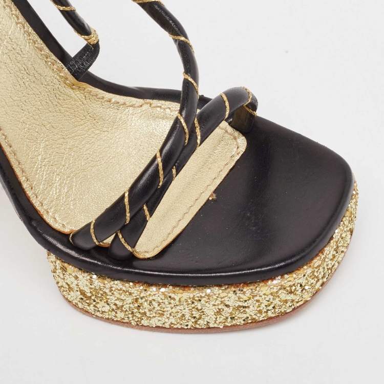 Pre Owned Marc Jacobs Black/Gold Leather Glitter Platform Slingback Sandals Size 36