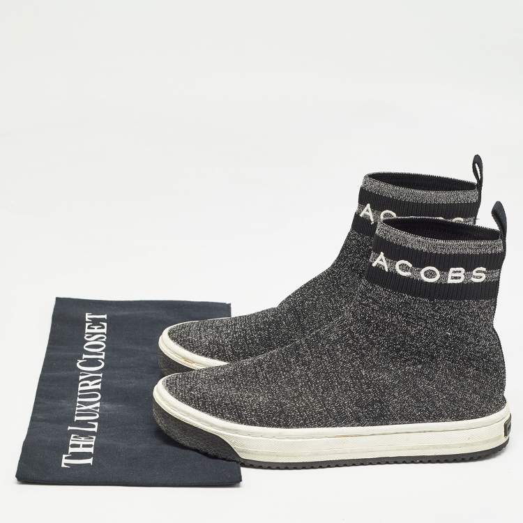 Pre Owned Marc Jacobs Black/Silver Knit Fabric Dart Sock Sneakers Size 37