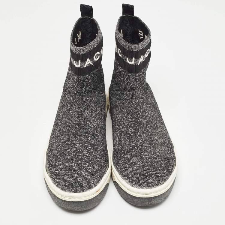 Pre Owned Marc Jacobs Black/Silver Knit Fabric Dart Sock Sneakers Size 37
