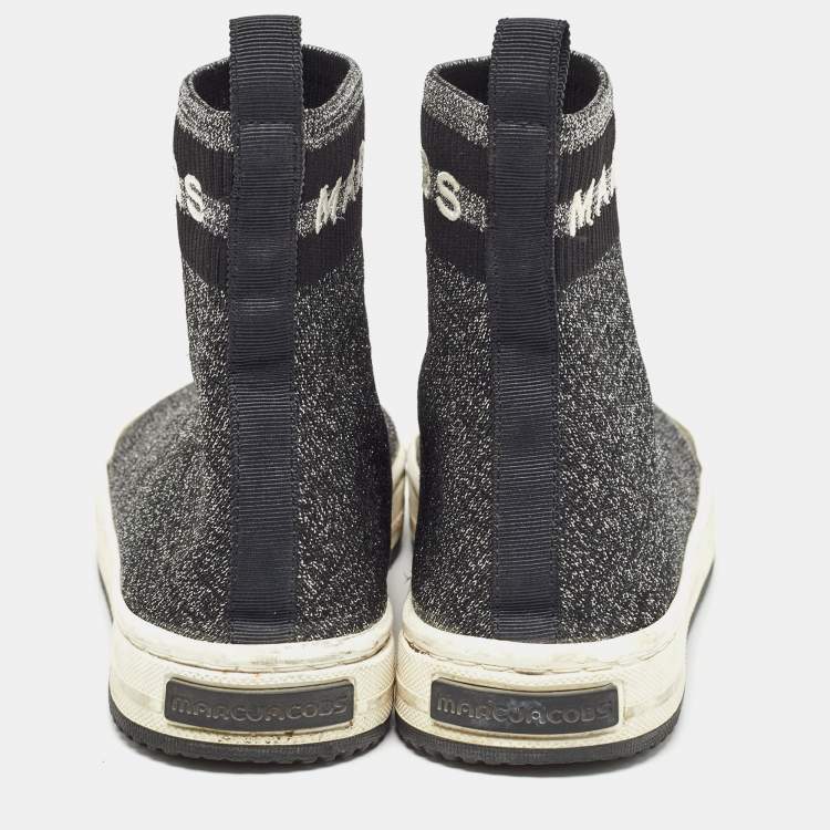 Pre Owned Marc Jacobs Black/Silver Knit Fabric Dart Sock Sneakers Size 37