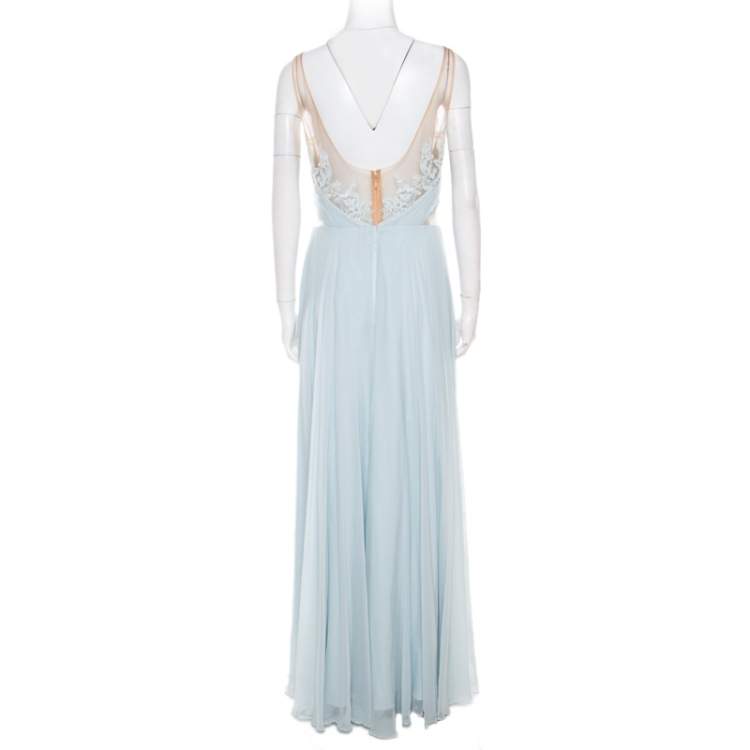 Pre Owned Marchesa Notte Blue Embellished Embroidered Silk Sheer Panel Detail Gown L