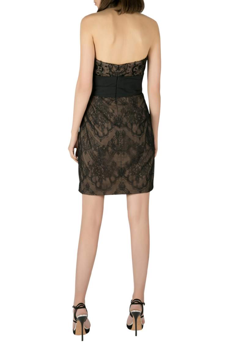 Pre Owned Marchesa Notte Black Chantilly Lace Embellished Bodice Strapless Pencil Dress S