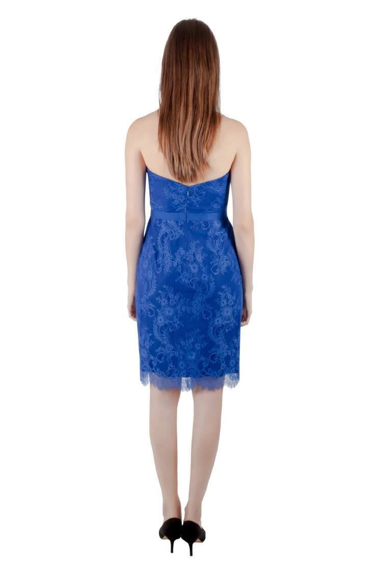 Pre Owned Marchesa Notte Cobalt Blue Lace and Organza Strapless Peplum Cocktail Dress S