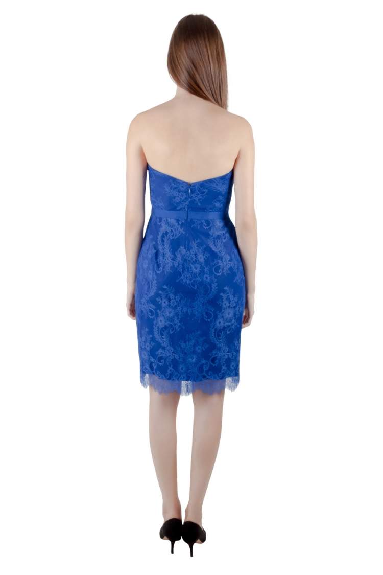 Pre Owned Marchesa Notte Cobalt Blue Lace and Organza Strapless Peplum Cocktail Dress S