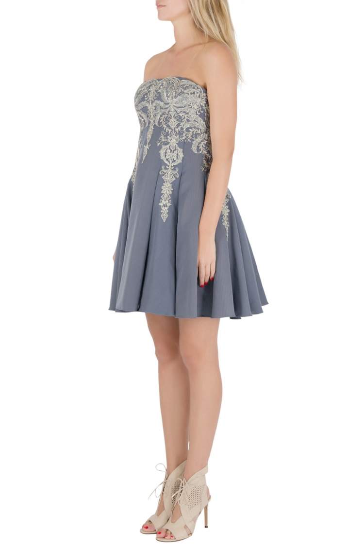 Pre Owned Marchesa Notte Grey Cotton Silk Tulle Embroidered Applique Strapless Dress S