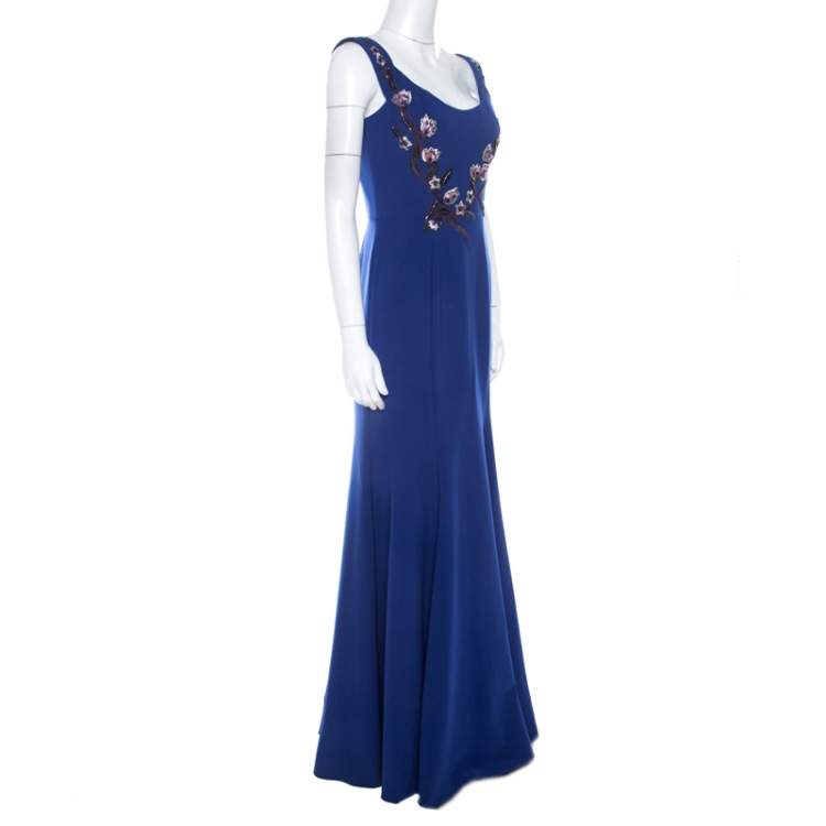 Pre Owned Marchesa Notte Royal Blue Floral Bead Embroidered Detail Off Shoulder Evening Gown S