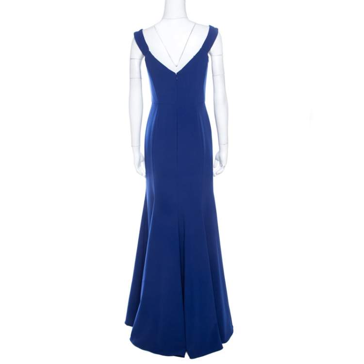 Pre Owned Marchesa Notte Royal Blue Floral Bead Embroidered Detail Off Shoulder Evening Gown S