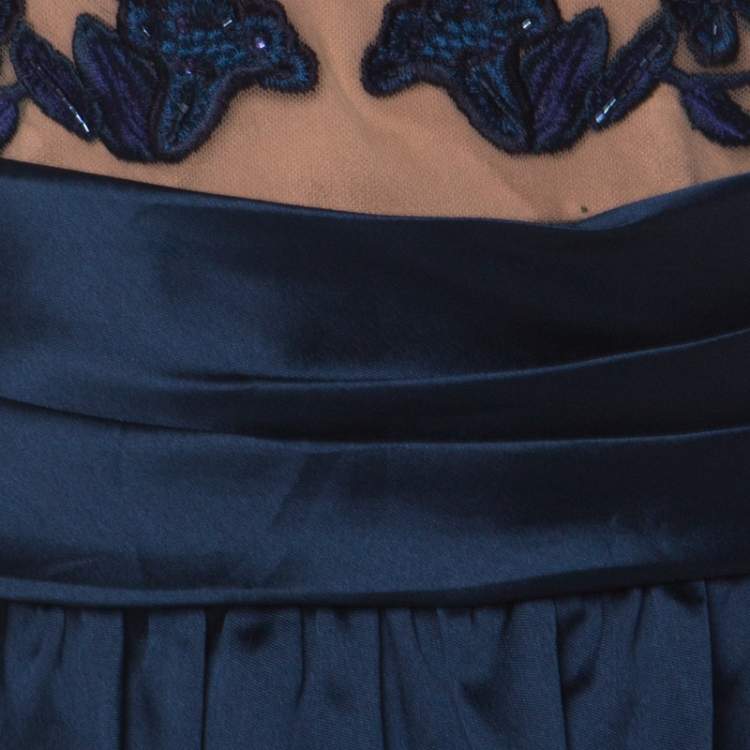 Pre Owned Marchesa Notte Midnight Blue Floral Embroidered Tulle Mikado Cap Sleeve Gown M