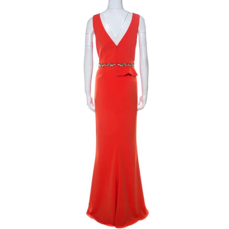 Pre Owned Marchesa Notte Poppy Red Crepe Ruffled Embellished Sleeveless Gown M