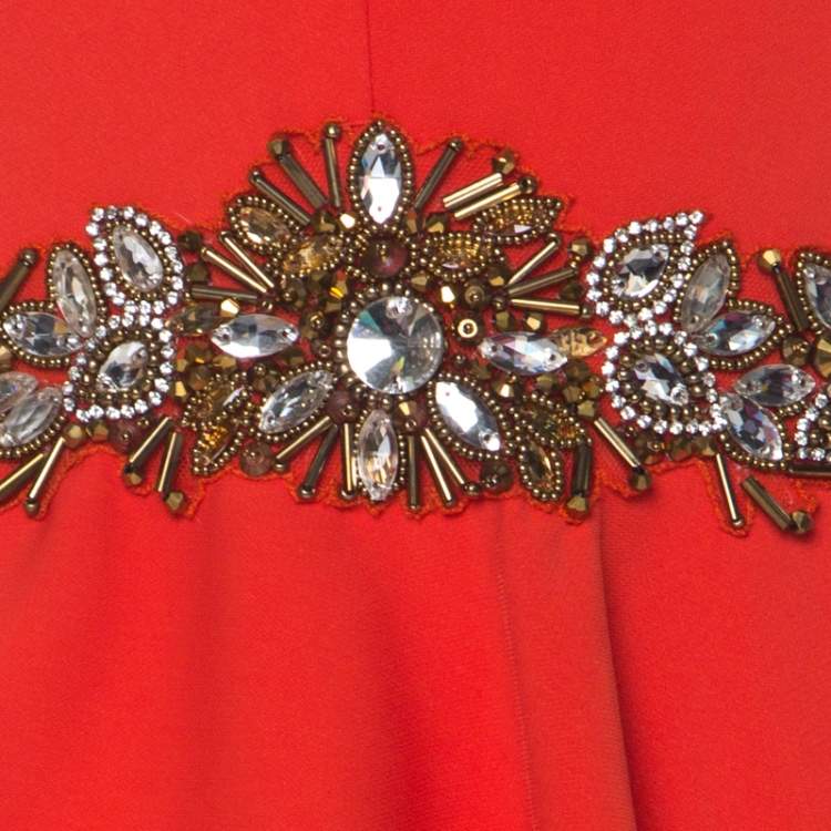 Pre Owned Marchesa Notte Poppy Red Crepe Ruffled Embellished Sleeveless Gown M