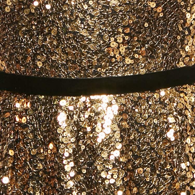 Pre Owned Marchesa Notte Black/Gold Sequin Embellished Tulle Off Shoulder Gown L