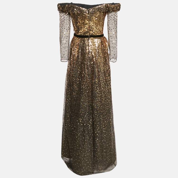 Pre Owned Marchesa Notte Black/Gold Sequin Embellished Tulle Off Shoulder Gown L