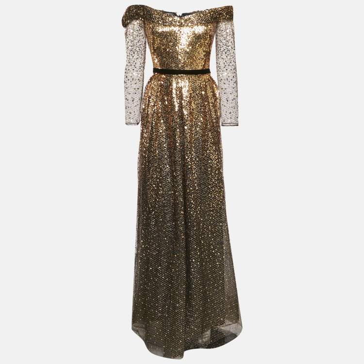 Pre Owned Marchesa Notte Black/Gold Sequin Embellished Tulle Off Shoulder Gown L