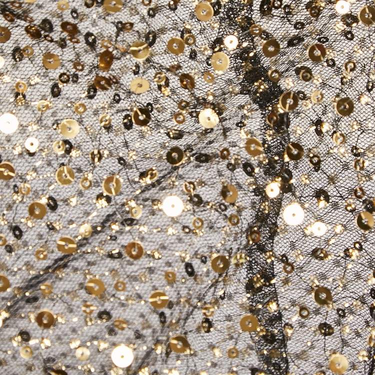 Pre Owned Marchesa Notte Black/Gold Sequin Embellished Tulle Off Shoulder Gown L