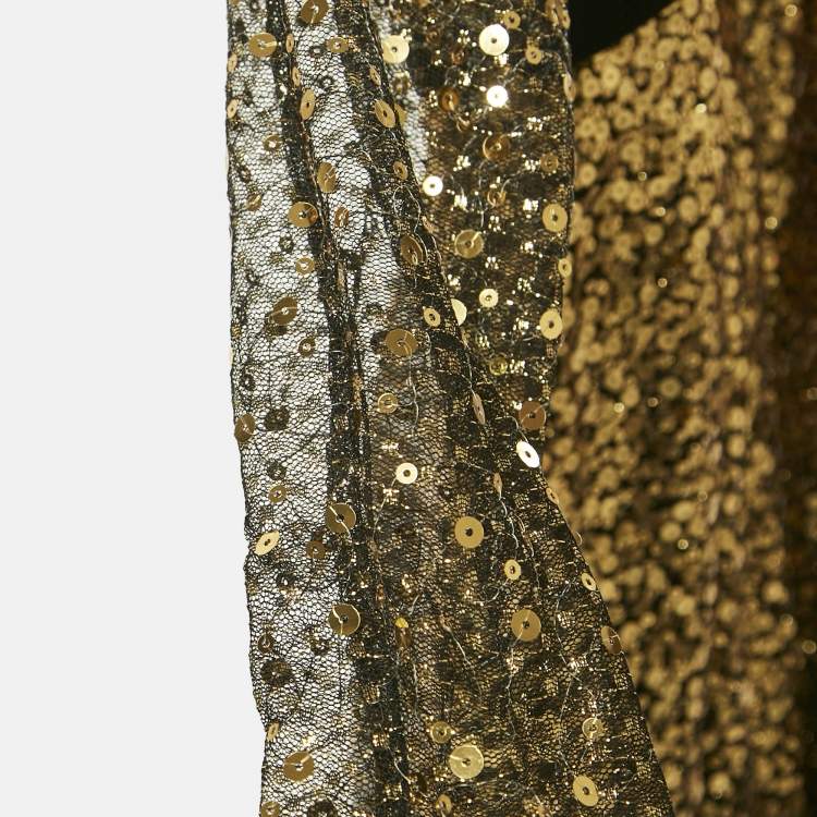 Pre Owned Marchesa Notte Black/Gold Sequin Embellished Tulle Off Shoulder Gown S