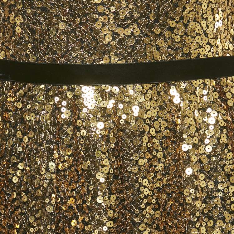 Pre Owned Marchesa Notte Black/Gold Sequin Embellished Tulle Off Shoulder Gown S