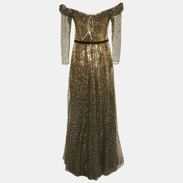 Pre Owned Marchesa Notte Black/Gold Sequin Embellished Tulle Off Shoulder Gown S