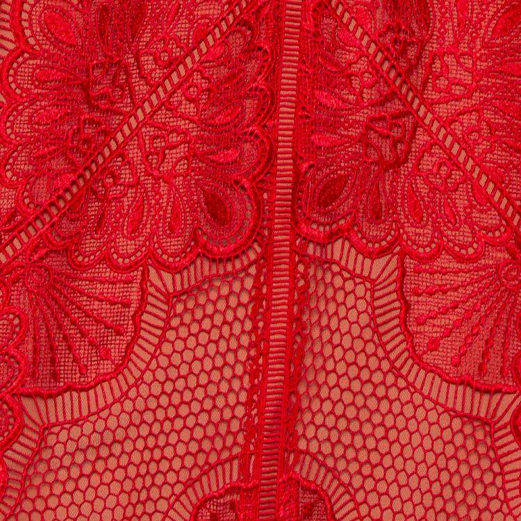 مملوكة مسبقًا Marchesa Notte Red lace Cold Shoulder Mermaid Gown S
