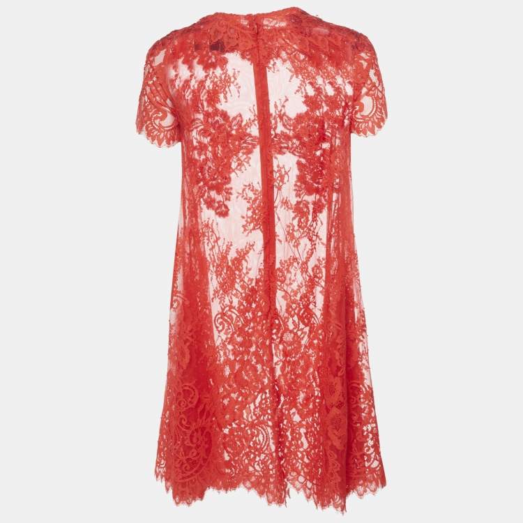 Pre Owned Marchesa Notte Red Embellished Lace Mini Dress S