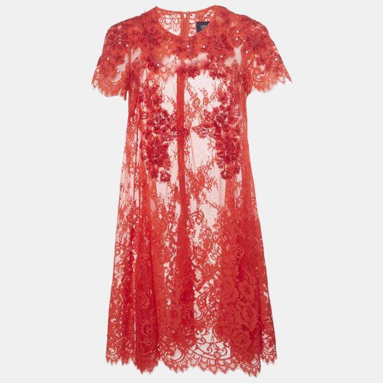 Pre Owned Marchesa Notte Red Embellished Lace Mini Dress S