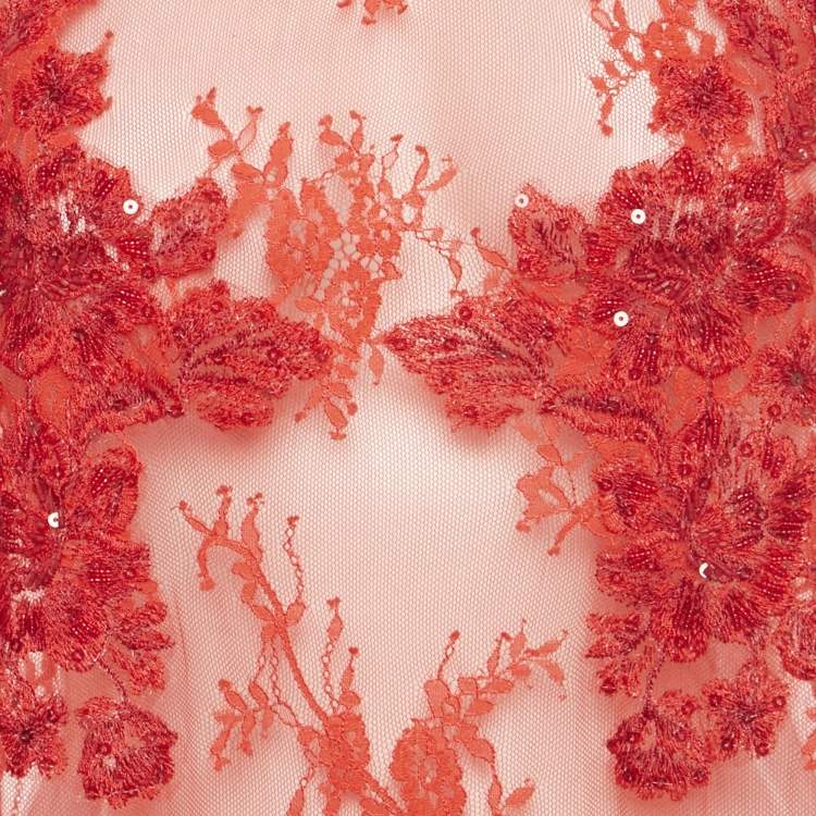 Pre Owned Marchesa Notte Red Embellished Lace Mini Dress S