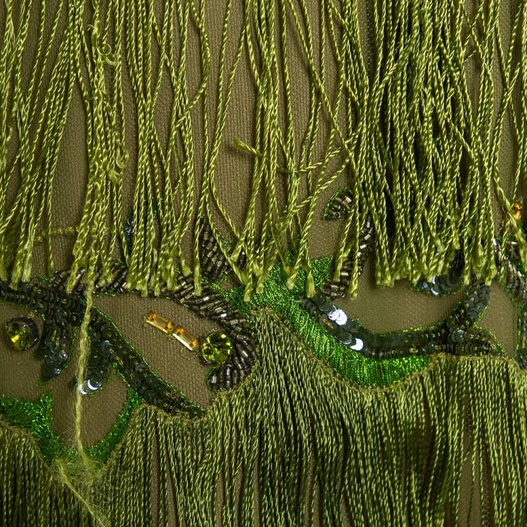 Pre Owned Marchesa Notte Green Tulle Sequin Embellished Fringed Evening Dress M