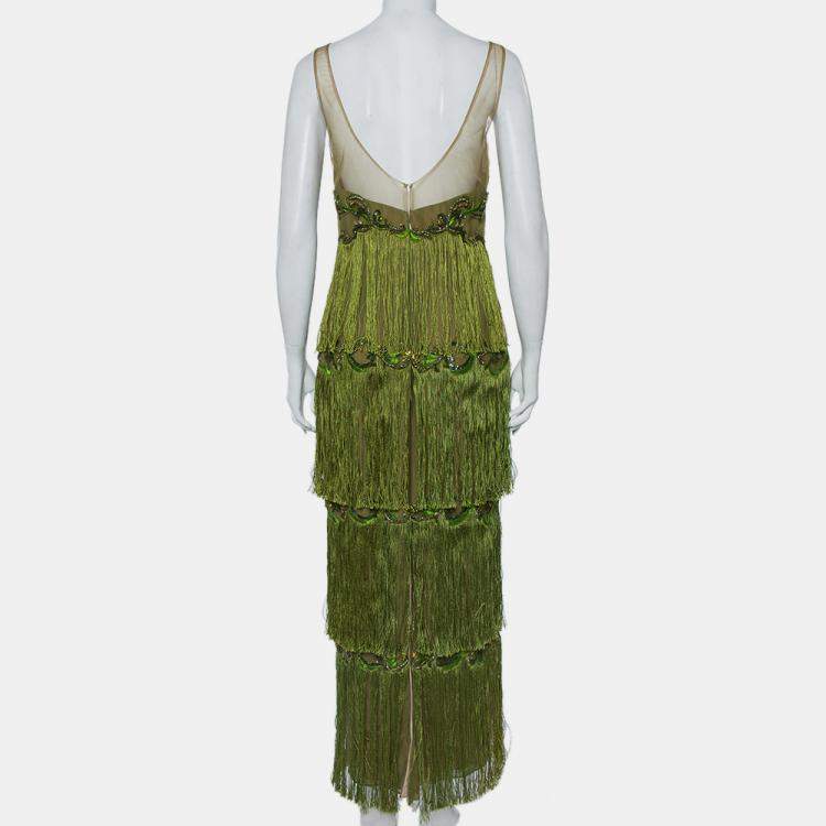 Pre Owned Marchesa Notte Green Tulle Sequin Embellished Fringed Evening Dress M