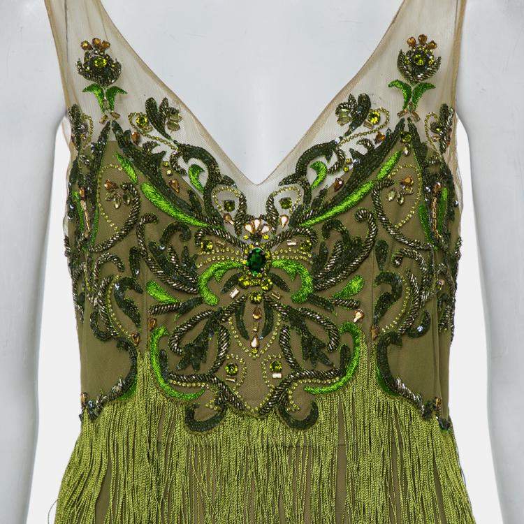 Pre Owned Marchesa Notte Green Tulle Sequin Embellished Fringed Evening Dress M