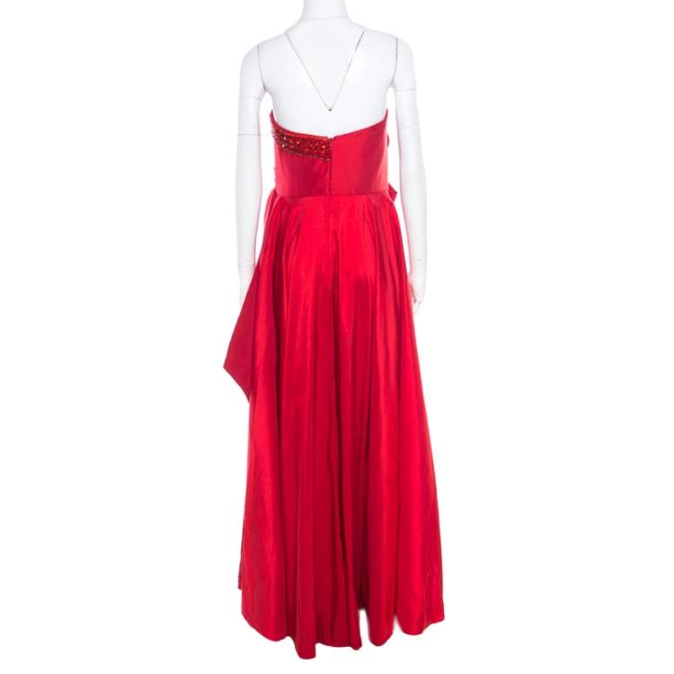 Pre Owned Marchesa Notte Red Embellished Trim Bow detail Strapless Gown M