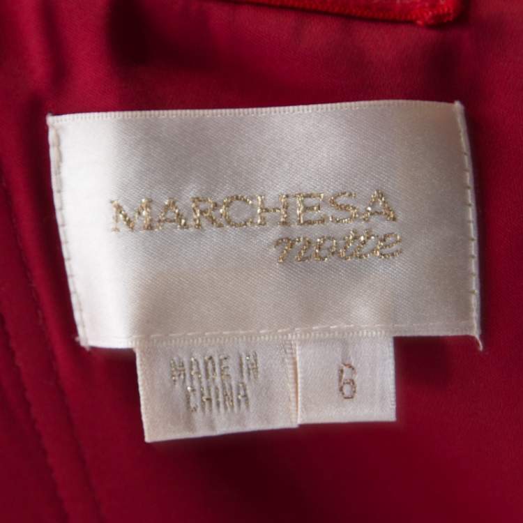 Pre Owned Marchesa Notte Red Embellished Trim Bow detail Strapless Gown M